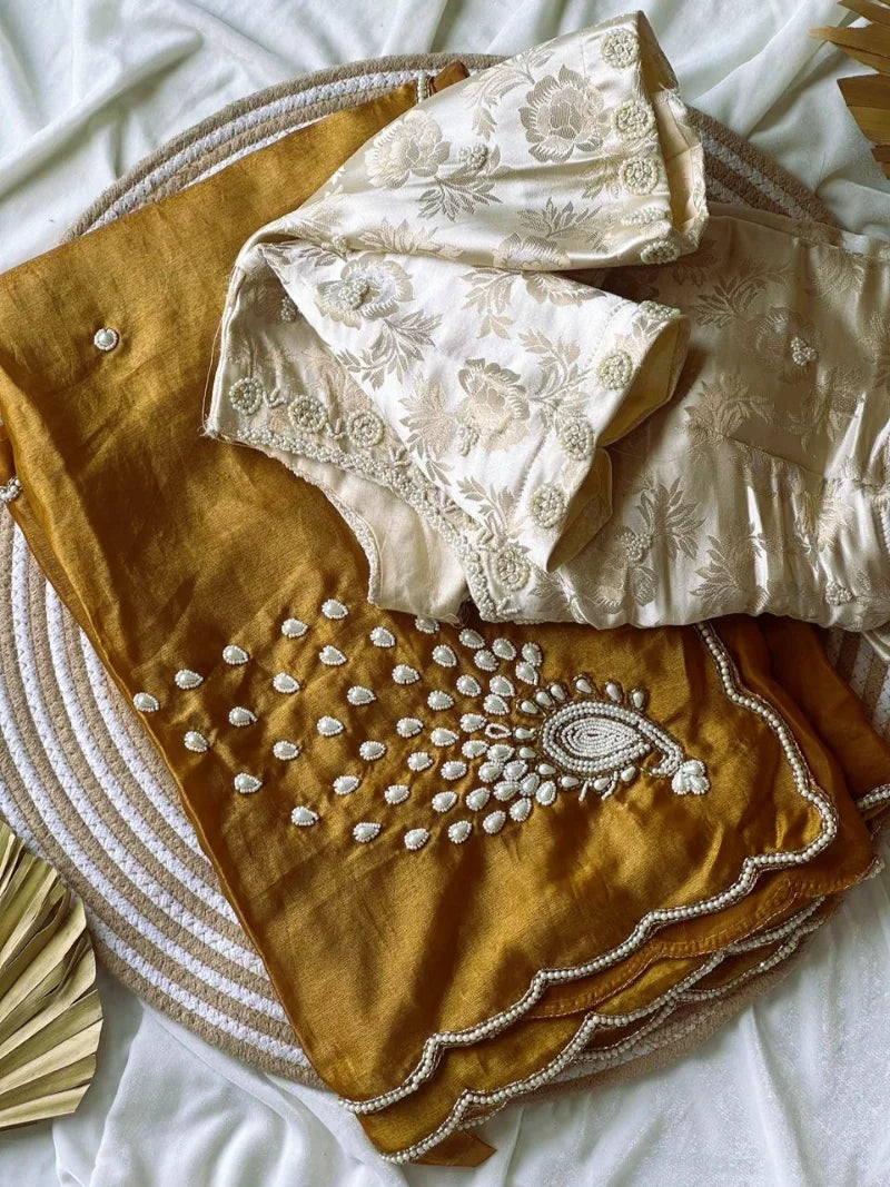 Exclusive Golden Peacock Saree – Pure Soft Space Silk with Handwork & Pearl Pallu