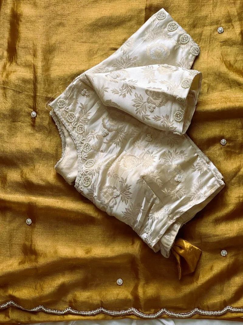 Exclusive Golden Peacock Saree – Pure Soft Space Silk with Handwork & Pearl Pallu