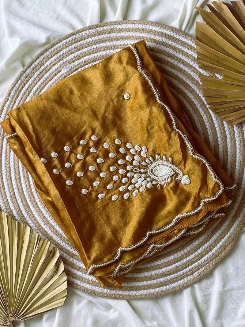 Exclusive Golden Peacock Saree – Pure Soft Space Silk with Handwork & Pearl Pallu