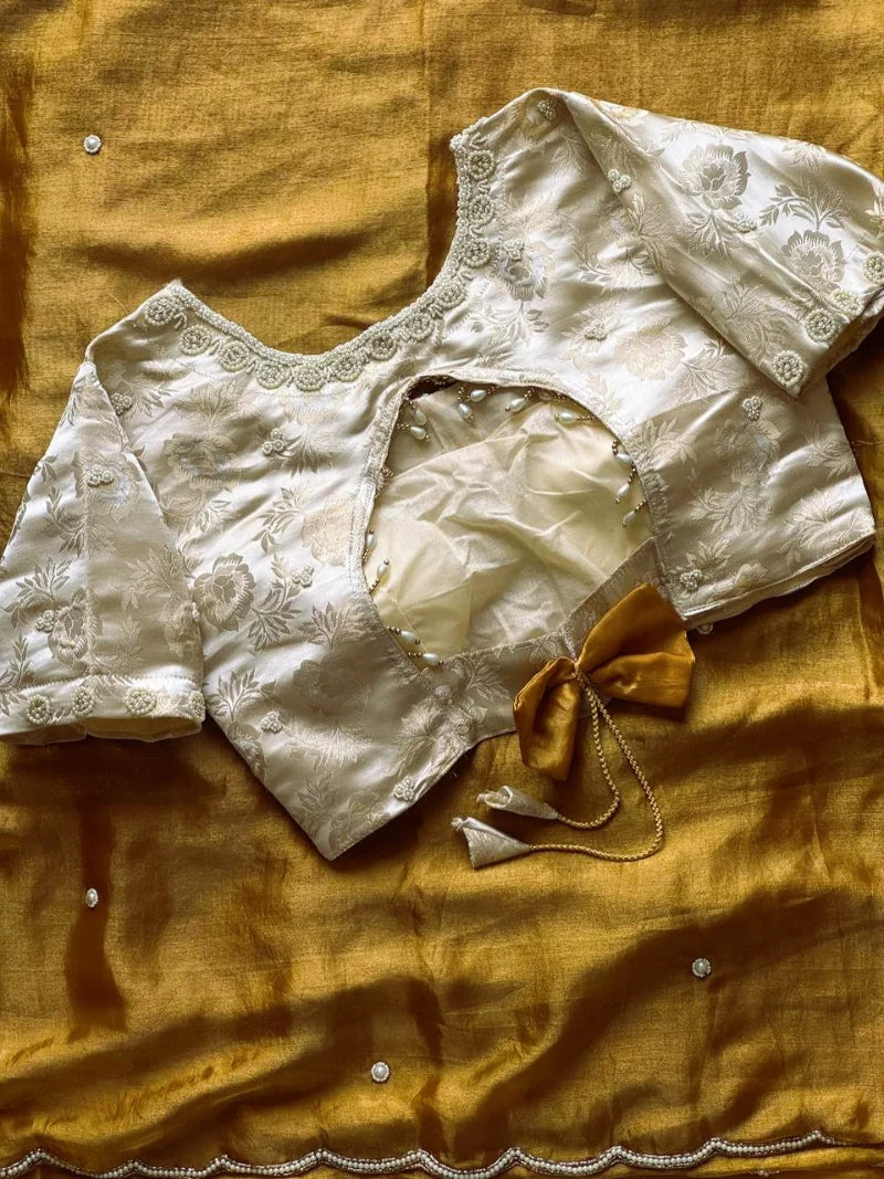 Exclusive Golden Peacock Saree – Pure Soft Space Silk with Handwork & Pearl Pallu