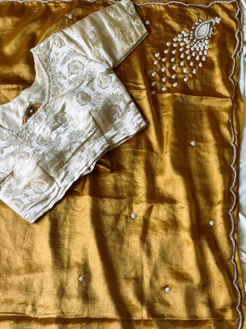 Exclusive Golden Peacock Saree – Pure Soft Space Silk with Handwork & Pearl Pallu
