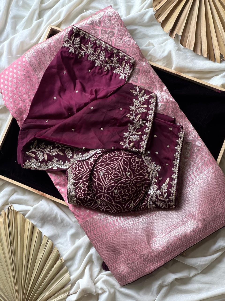 Exclusive Banarasi x Bandhani Saree – Premium Dyed Silk with Contrast Border & Designer Tassels