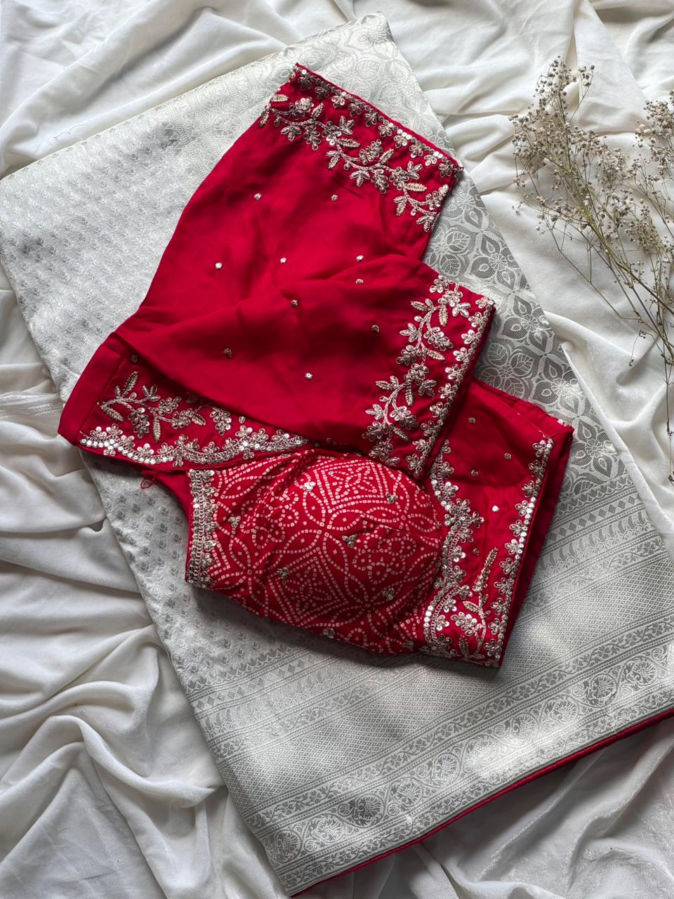Exclusive Banarasi x Bandhani Saree – Premium Dyed Silk with Contrast Border & Designer Tassels