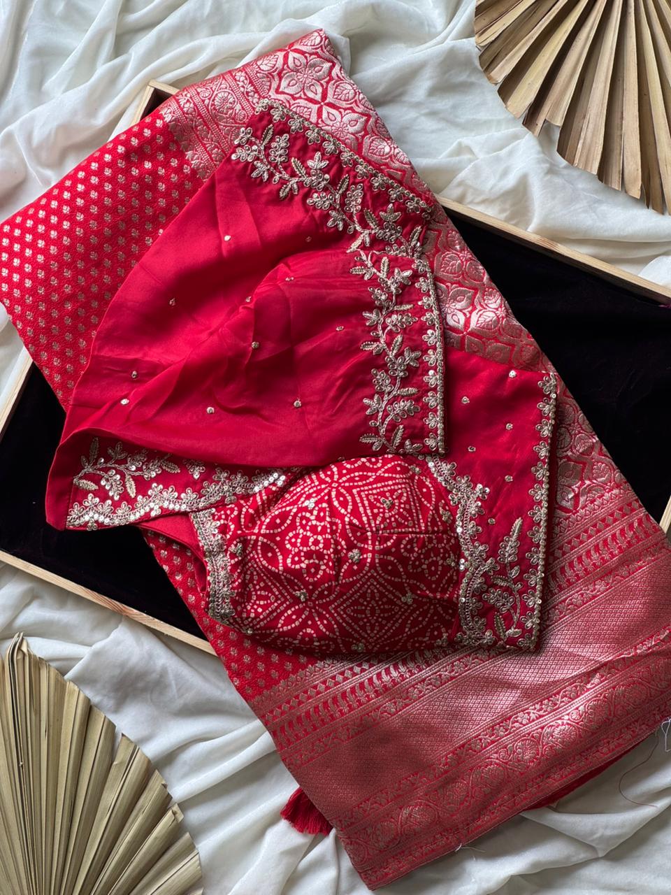 Exclusive Banarasi x Bandhani Saree – Premium Dyed Silk with Contrast Border & Designer Tassels