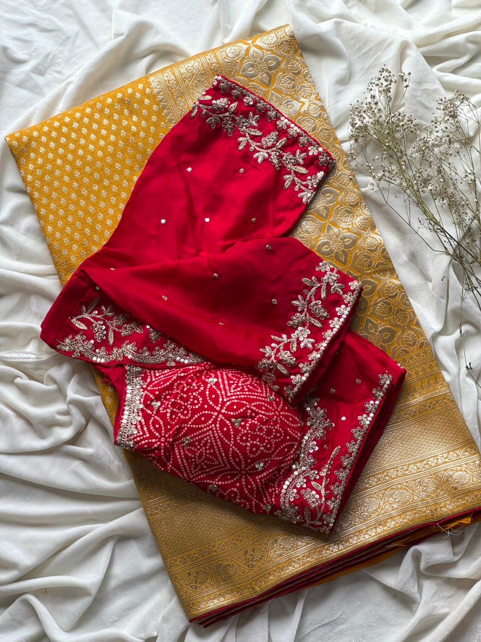 Exclusive Banarasi x Bandhani Saree – Premium Dyed Silk with Contrast Border & Designer Tassels