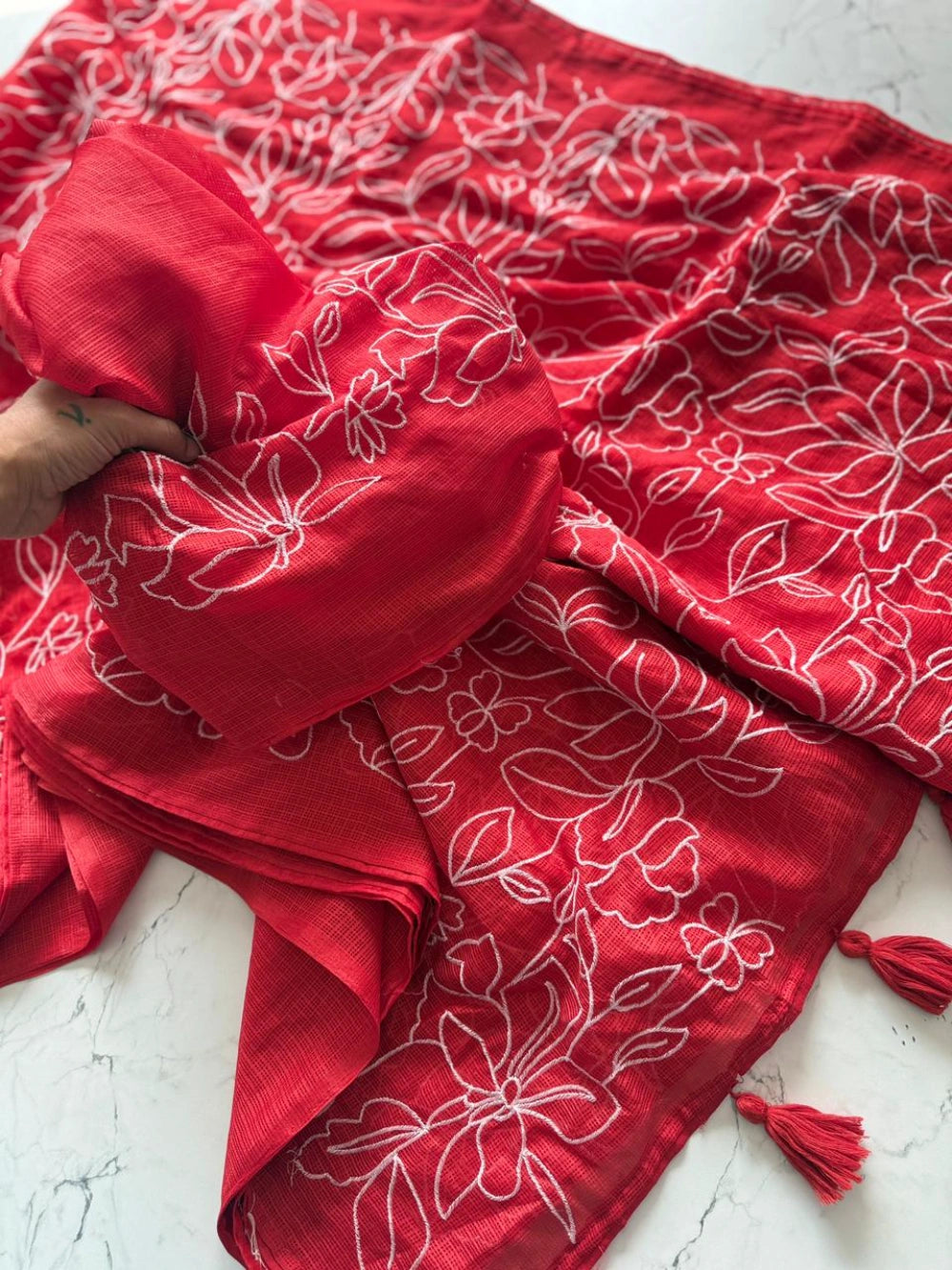 Premium Pure Kota Doriya Saree with Multi Chikan Zaal Work, Heavy Tassels & Four‑Side Piping – Running Blouse with Sleeve Work