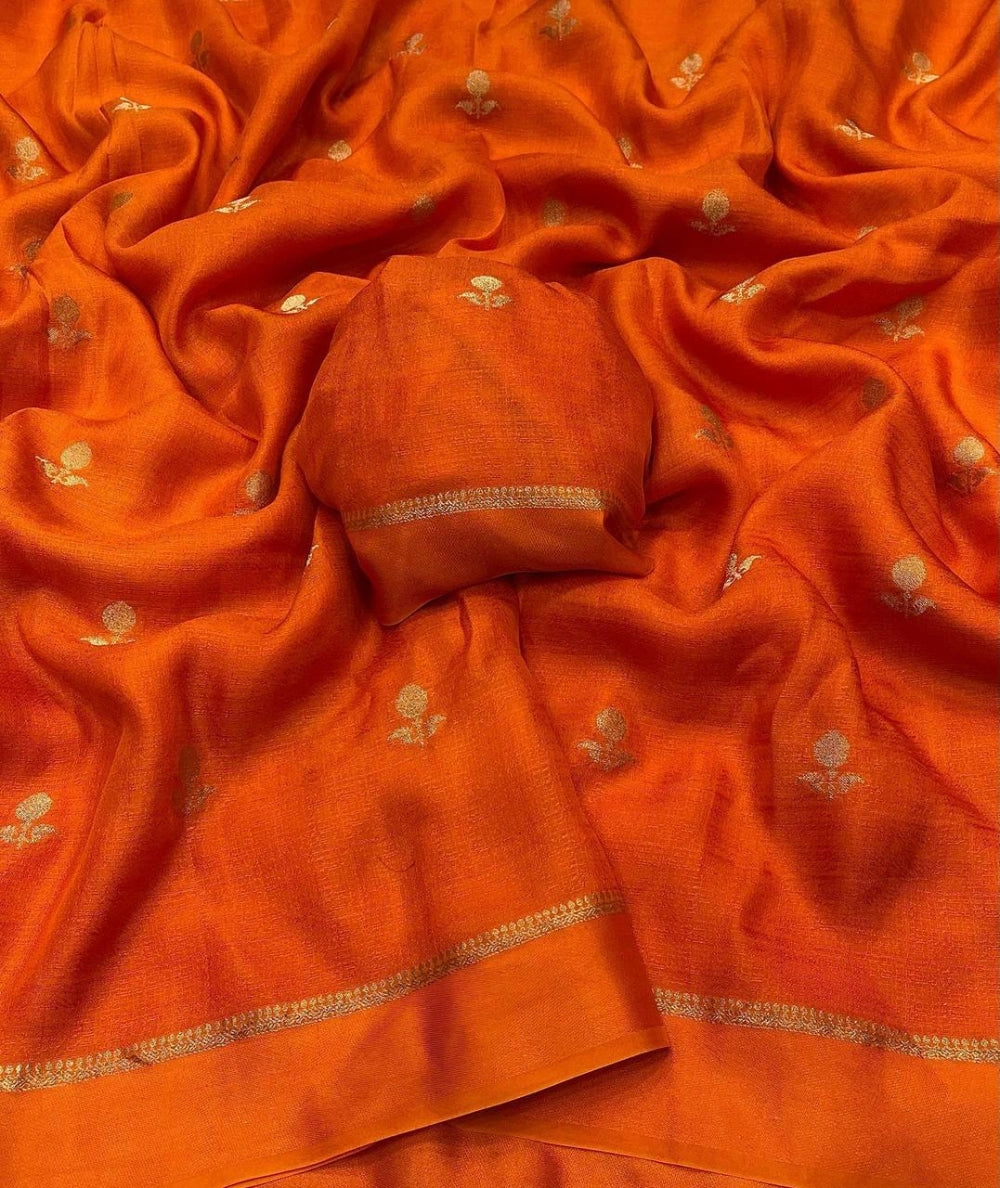 Premium Pure Viscose Khadi Silk Saree with Satin Border & Jacquard Leaf Design – Running Blouse