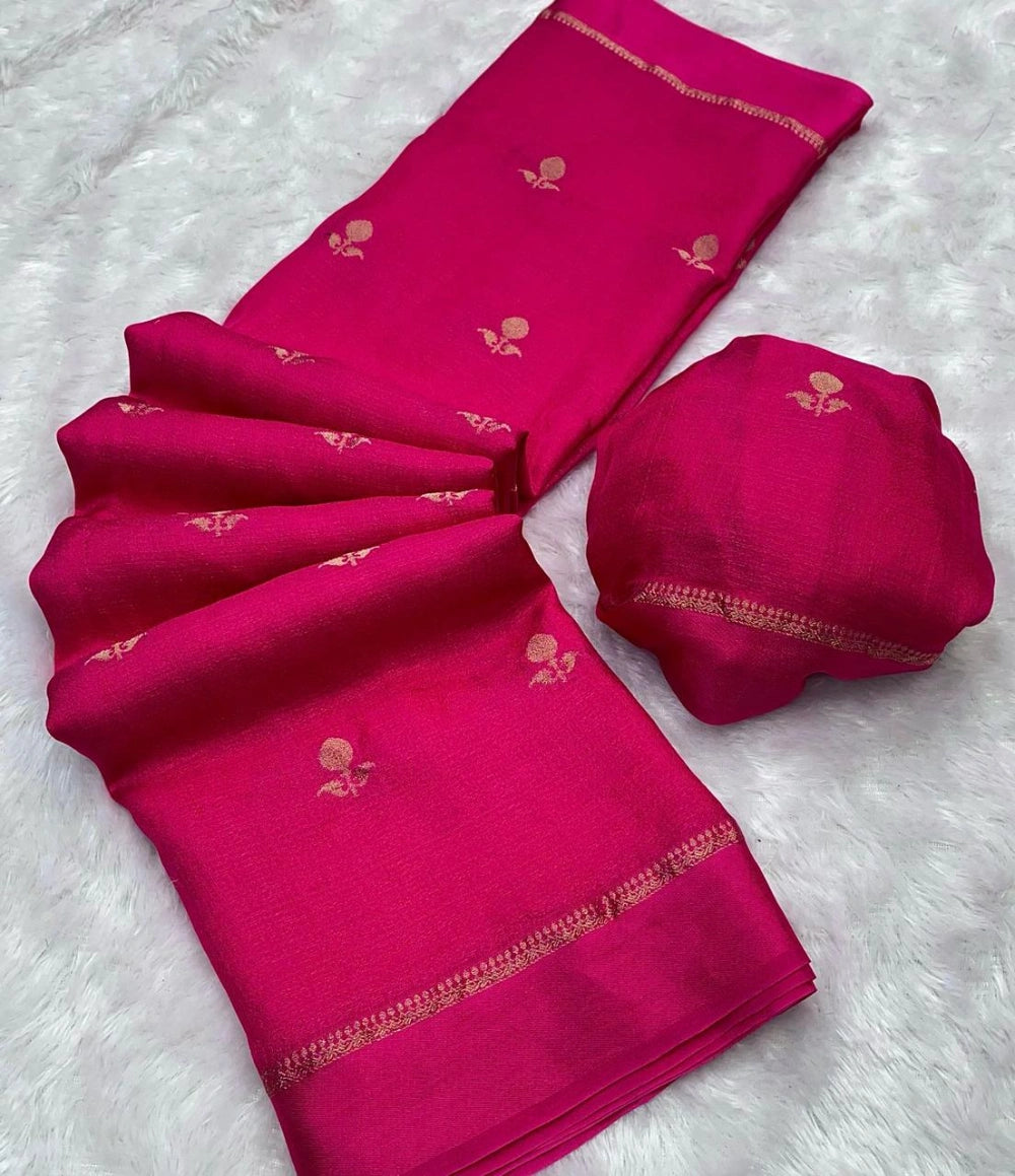 Premium Pure Viscose Khadi Silk Saree with Satin Border & Jacquard Leaf Design – Running Blouse