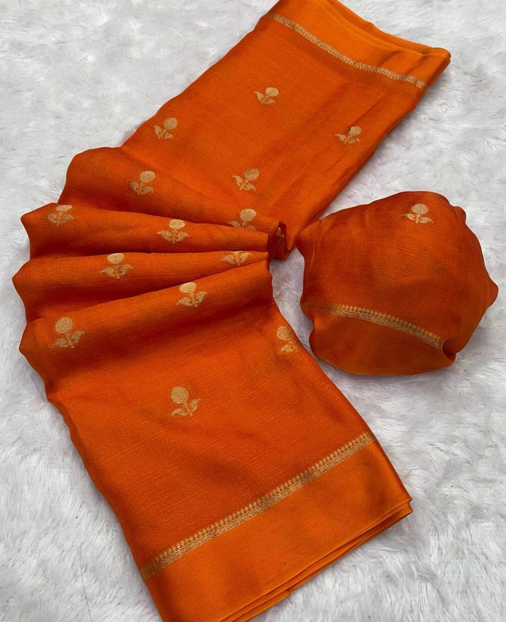 Premium Pure Viscose Khadi Silk Saree with Satin Border & Jacquard Leaf Design – Running Blouse