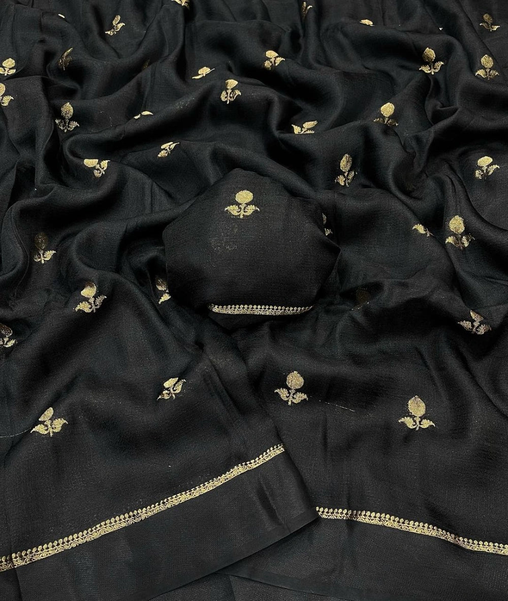 Premium Pure Viscose Khadi Silk Saree with Satin Border & Jacquard Leaf Design – Running Blouse