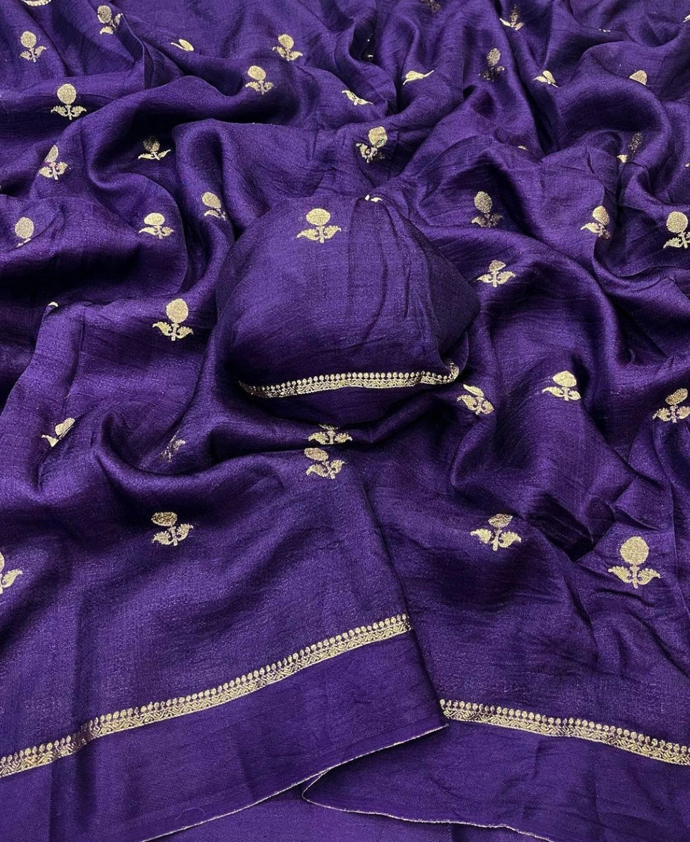Premium Pure Viscose Khadi Silk Saree with Satin Border & Jacquard Leaf Design – Running Blouse