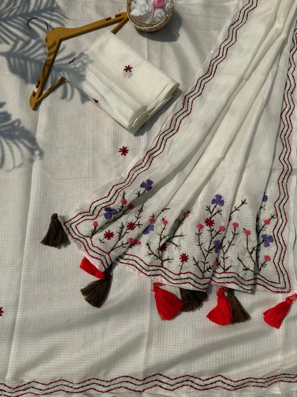 Premium Kota Doriya Silk Saree with Multi‑Color Knot Thread Work & Heavy Tassels – Running Blouse with Butti Work
