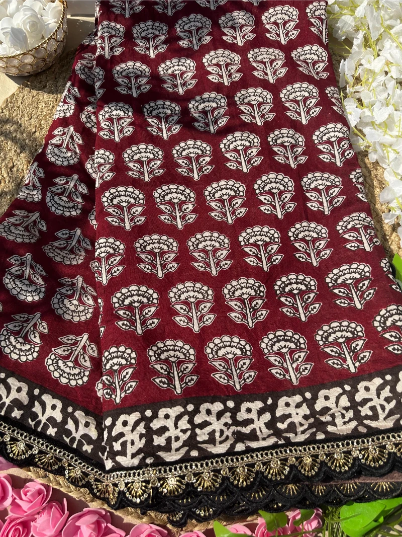 Premium Mul Mul Cotton Saree with Elegant Print, Rich Pallu & Scalloped Lace Border – Printed Blouse