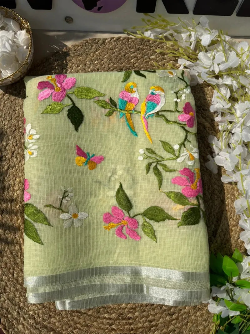 Exclusive Premium Kota Doriya Silk Saree with Embroidery, Silver Zari Border & Tassels