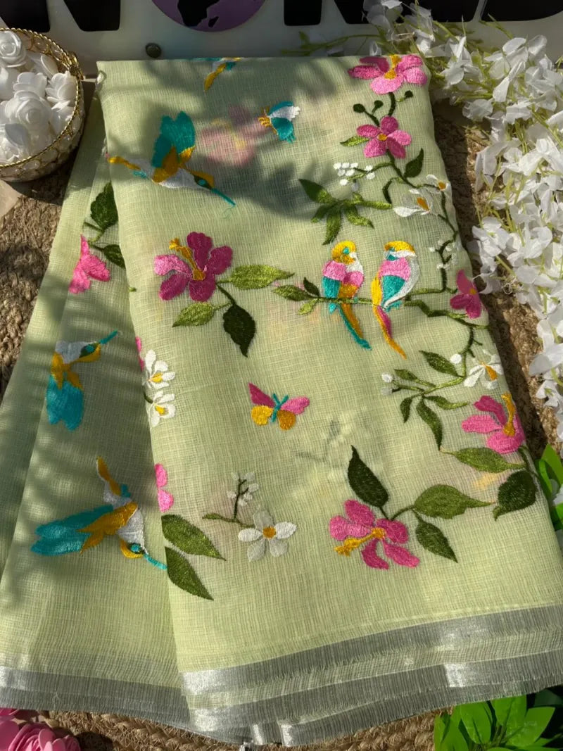 Exclusive Premium Kota Doriya Silk Saree with Embroidery, Silver Zari Border & Tassels