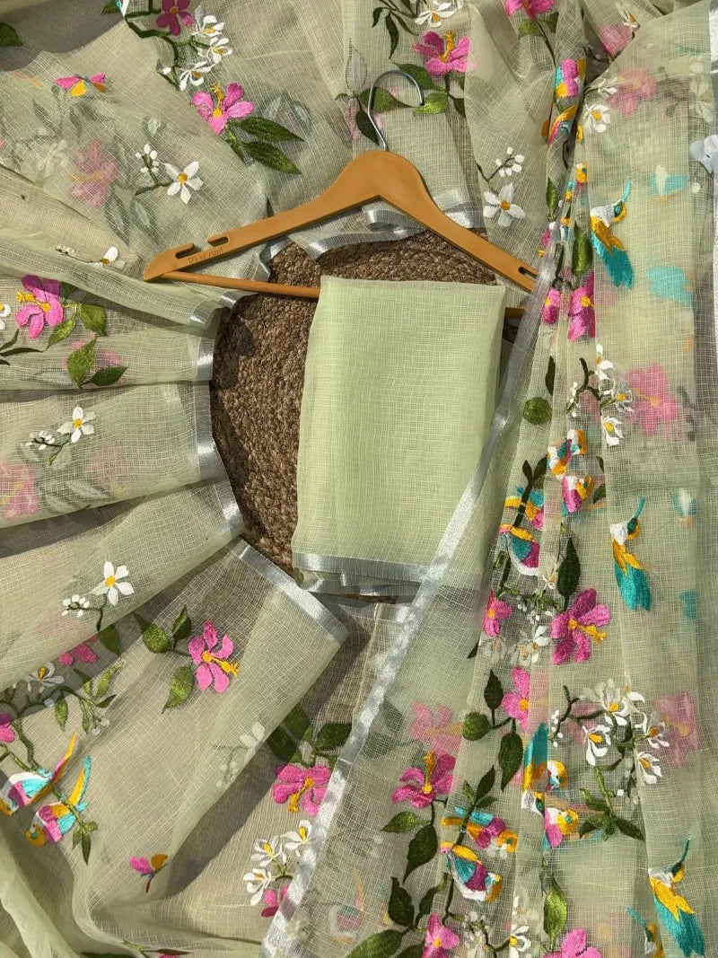 Exclusive Premium Kota Doriya Silk Saree with Embroidery, Silver Zari Border & Tassels