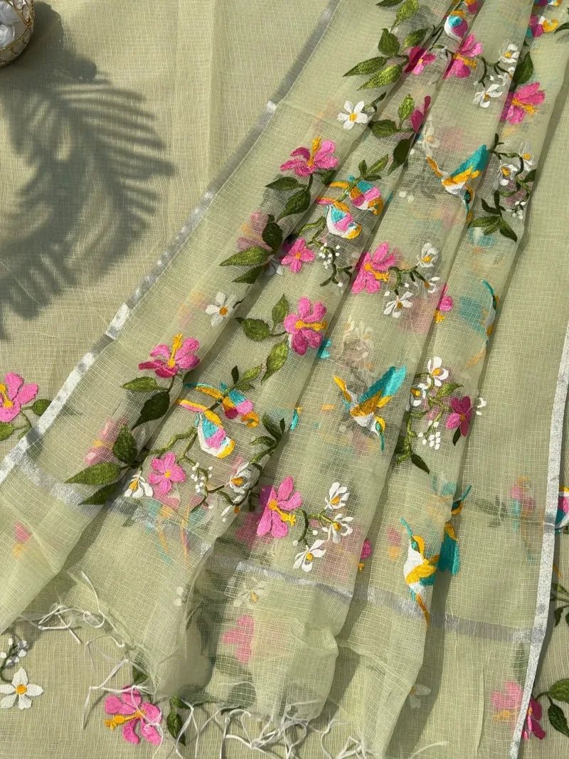 Exclusive Premium Kota Doriya Silk Saree with Embroidery, Silver Zari Border & Tassels