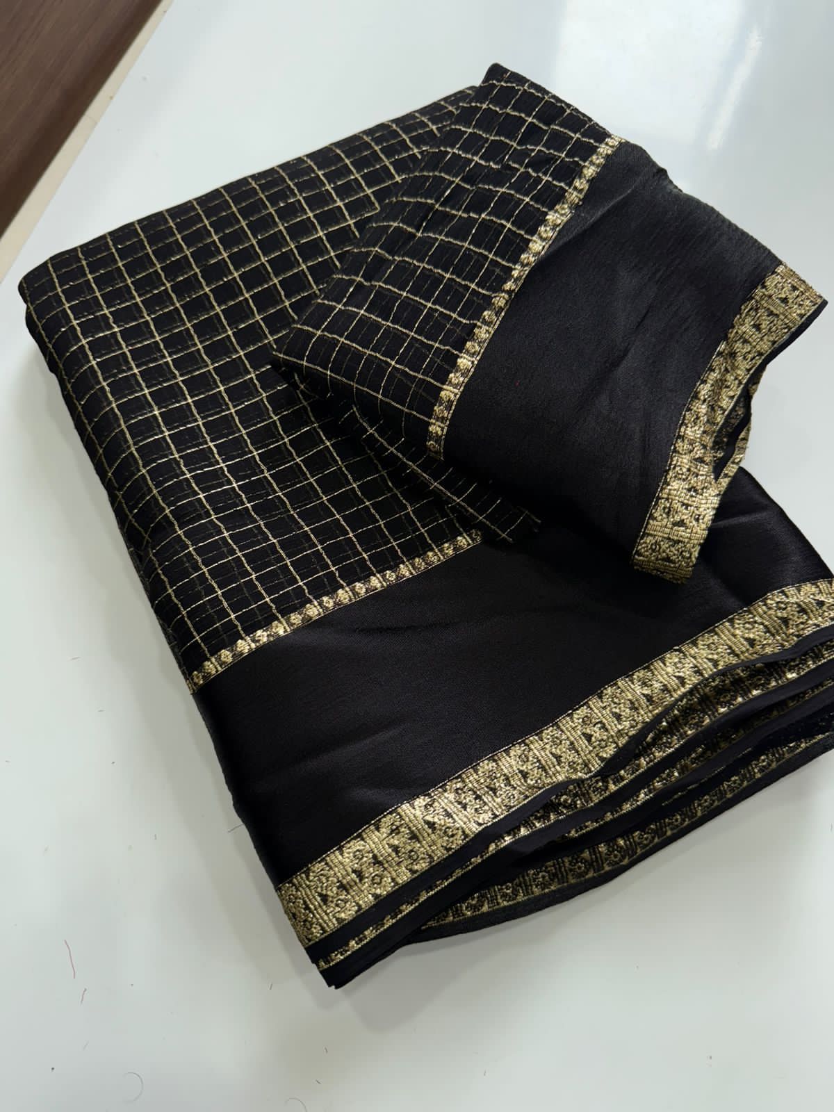 Premium Viscose Georgette Chex Saree with Satin Border