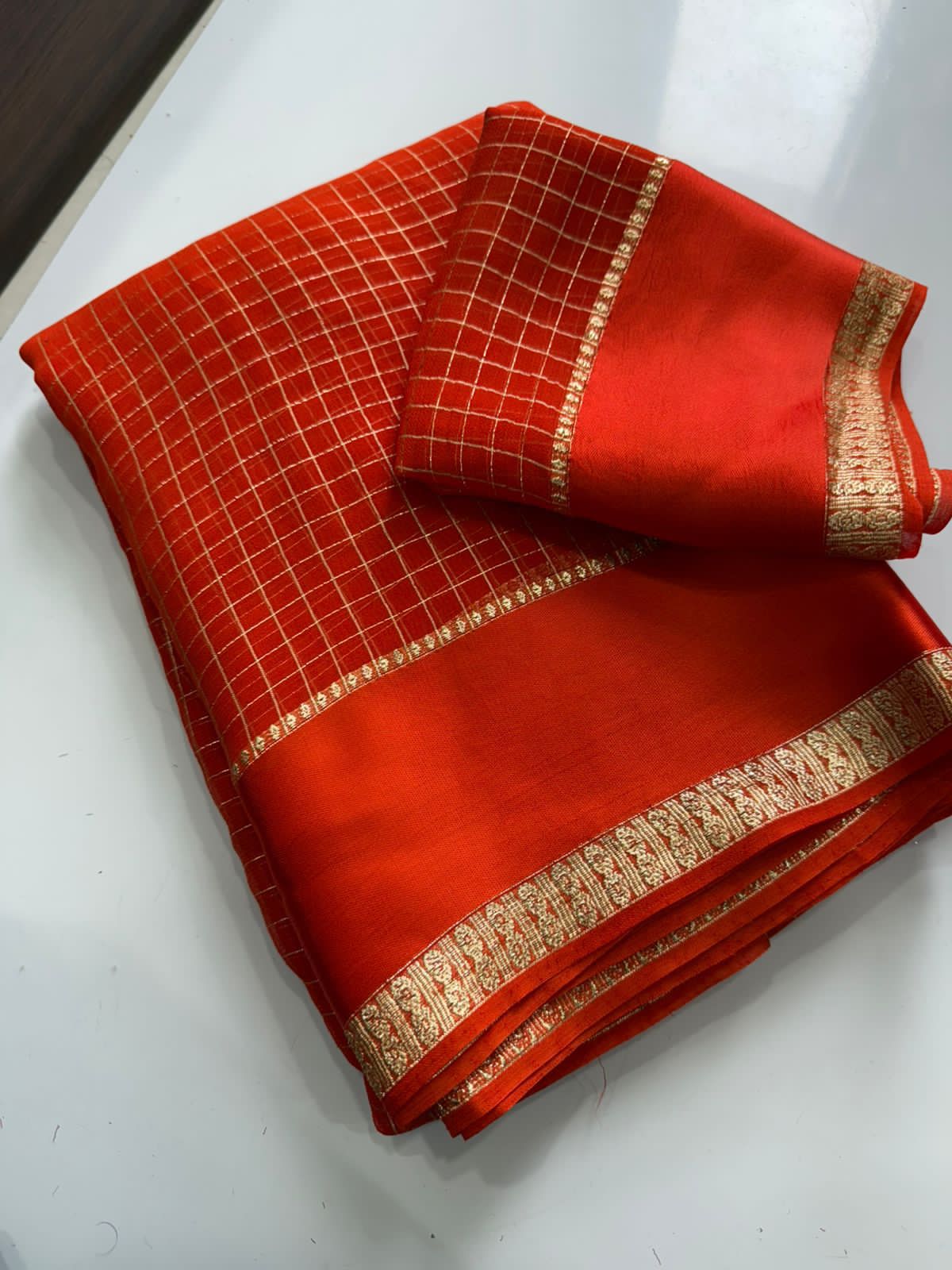 Premium Viscose Georgette Chex Saree with Satin Border
