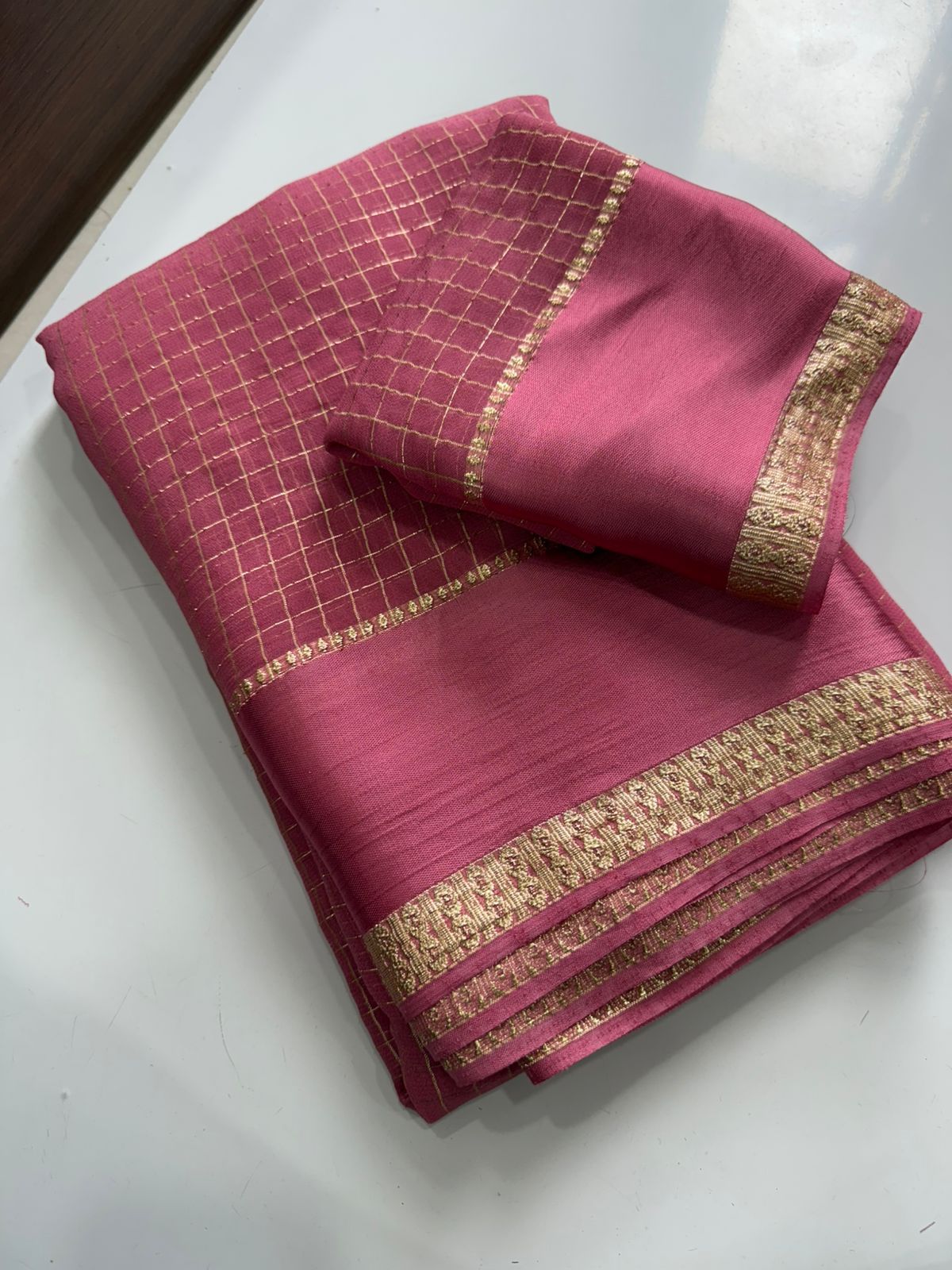 Premium Viscose Georgette Chex Saree with Satin Border