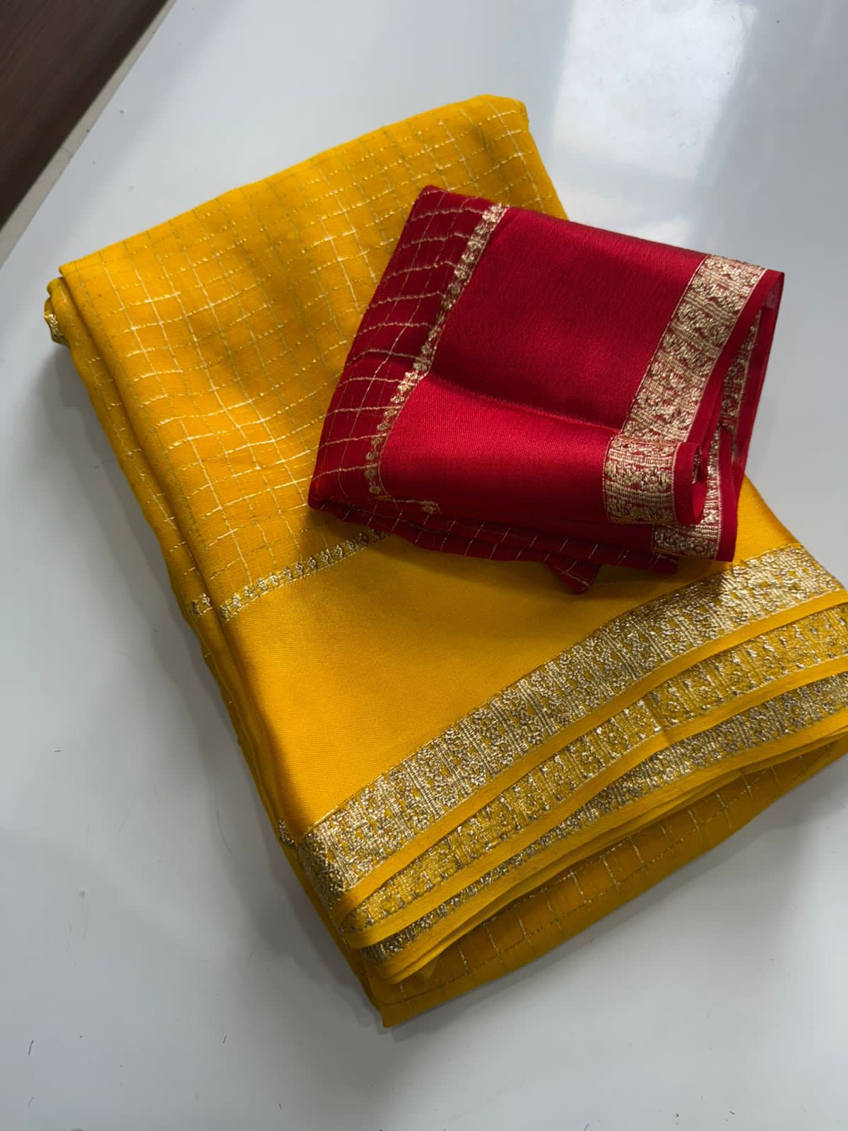 Premium Viscose Georgette Chex Saree with Satin Border