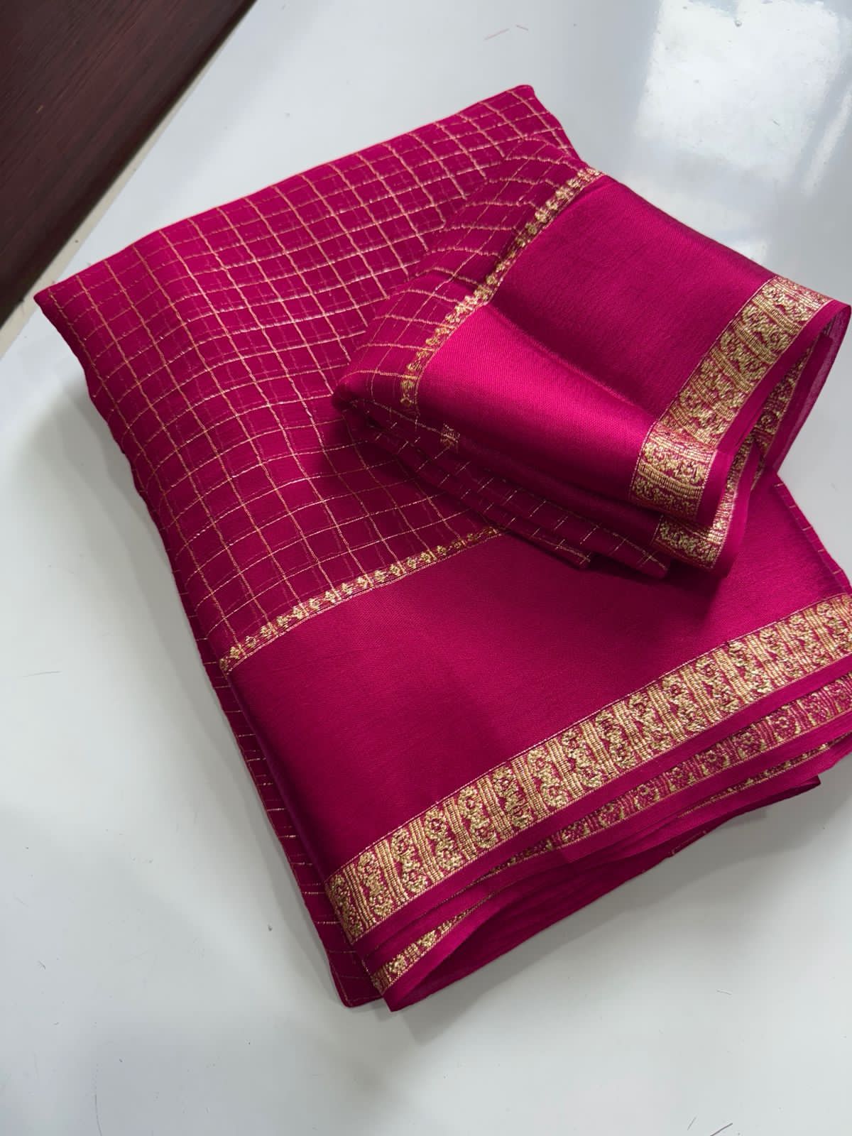 Premium Viscose Georgette Chex Saree with Satin Border