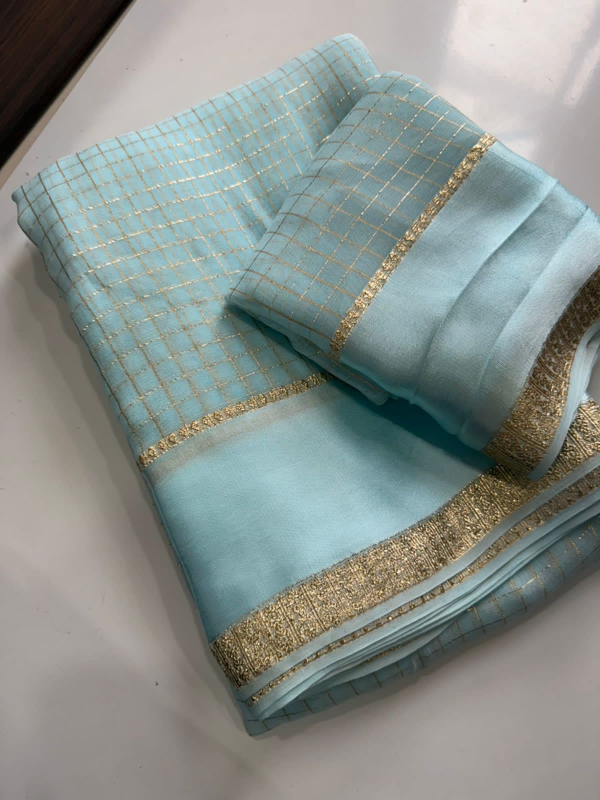 Premium Viscose Georgette Chex Saree with Satin Border