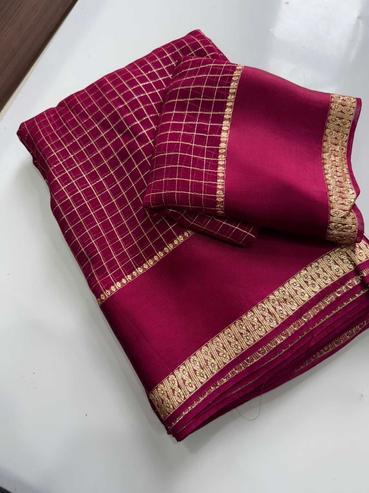 Premium Viscose Georgette Chex Saree with Satin Border