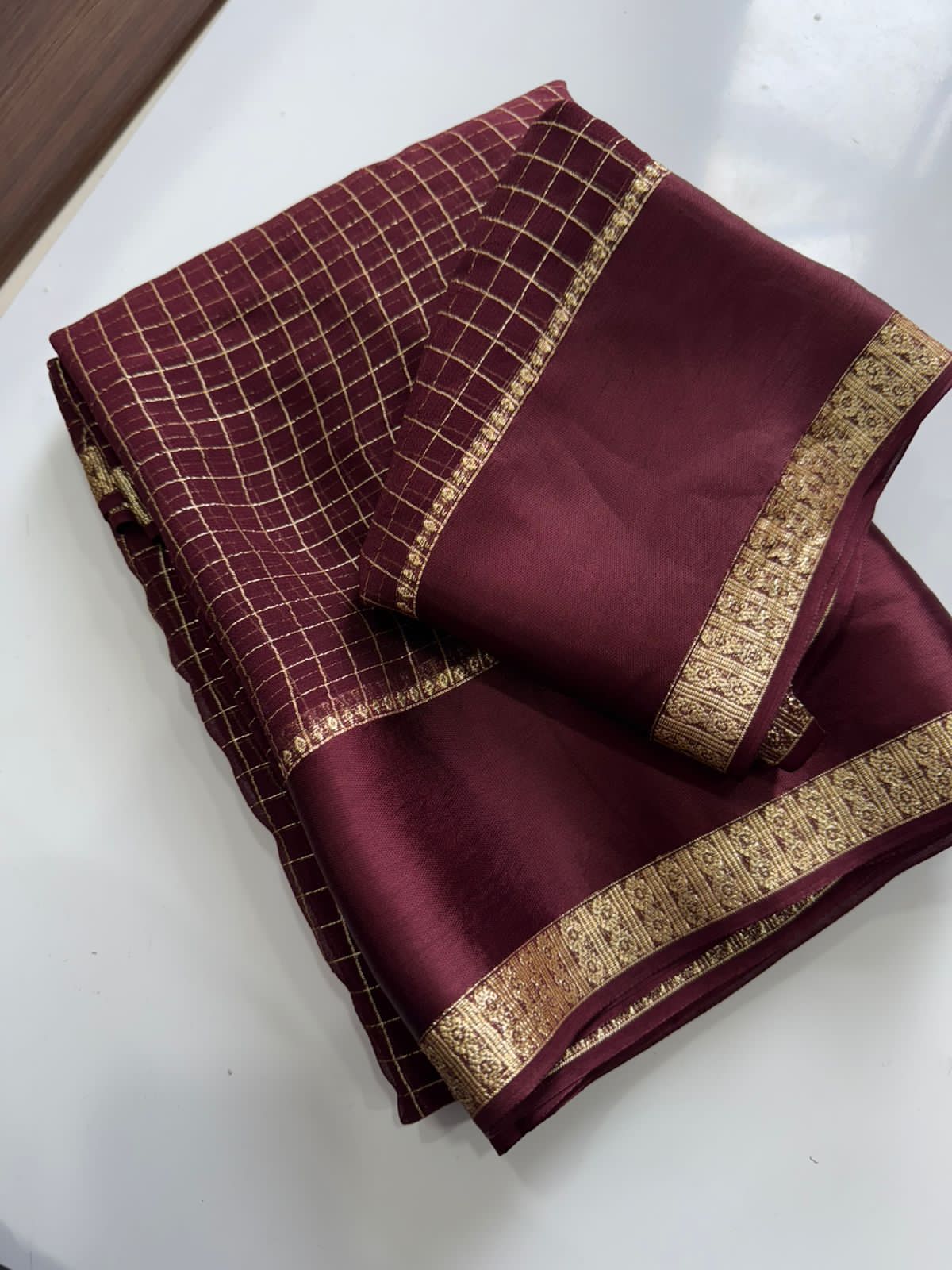 Premium Viscose Georgette Chex Saree with Satin Border