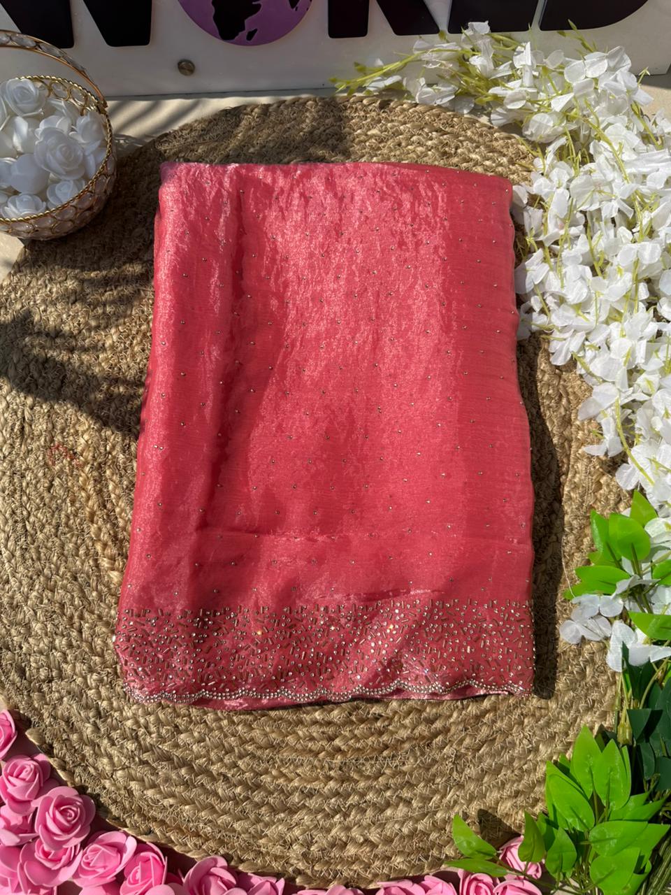 Quality Fendi Space Silk Saree with All‑Over Jarkhan Work & Running Embroidery Blouse