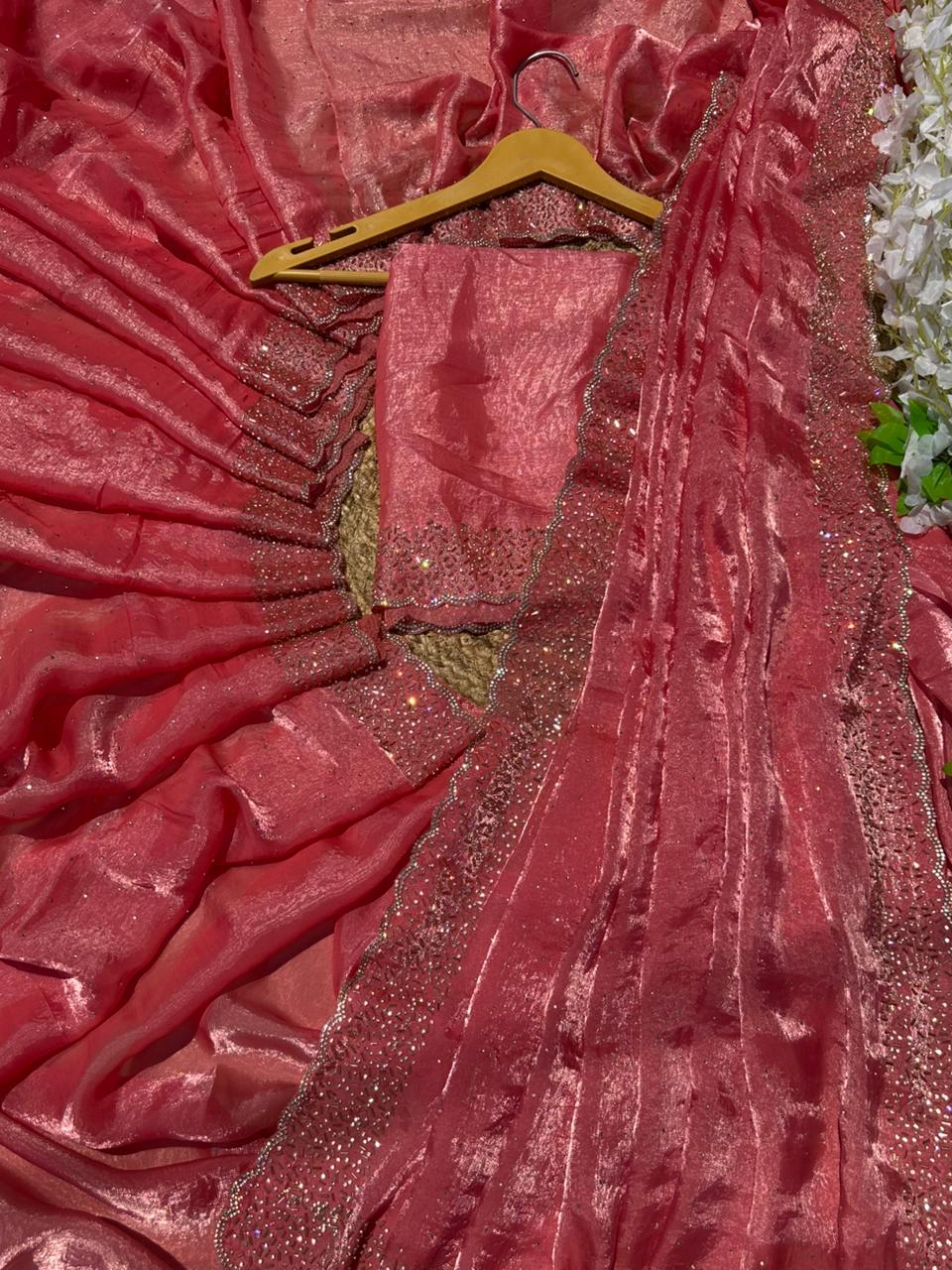 Quality Fendi Space Silk Saree with All‑Over Jarkhan Work & Running Embroidery Blouse