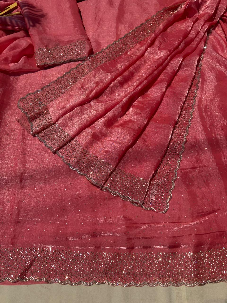 Quality Fendi Space Silk Saree with All‑Over Jarkhan Work & Running Embroidery Blouse