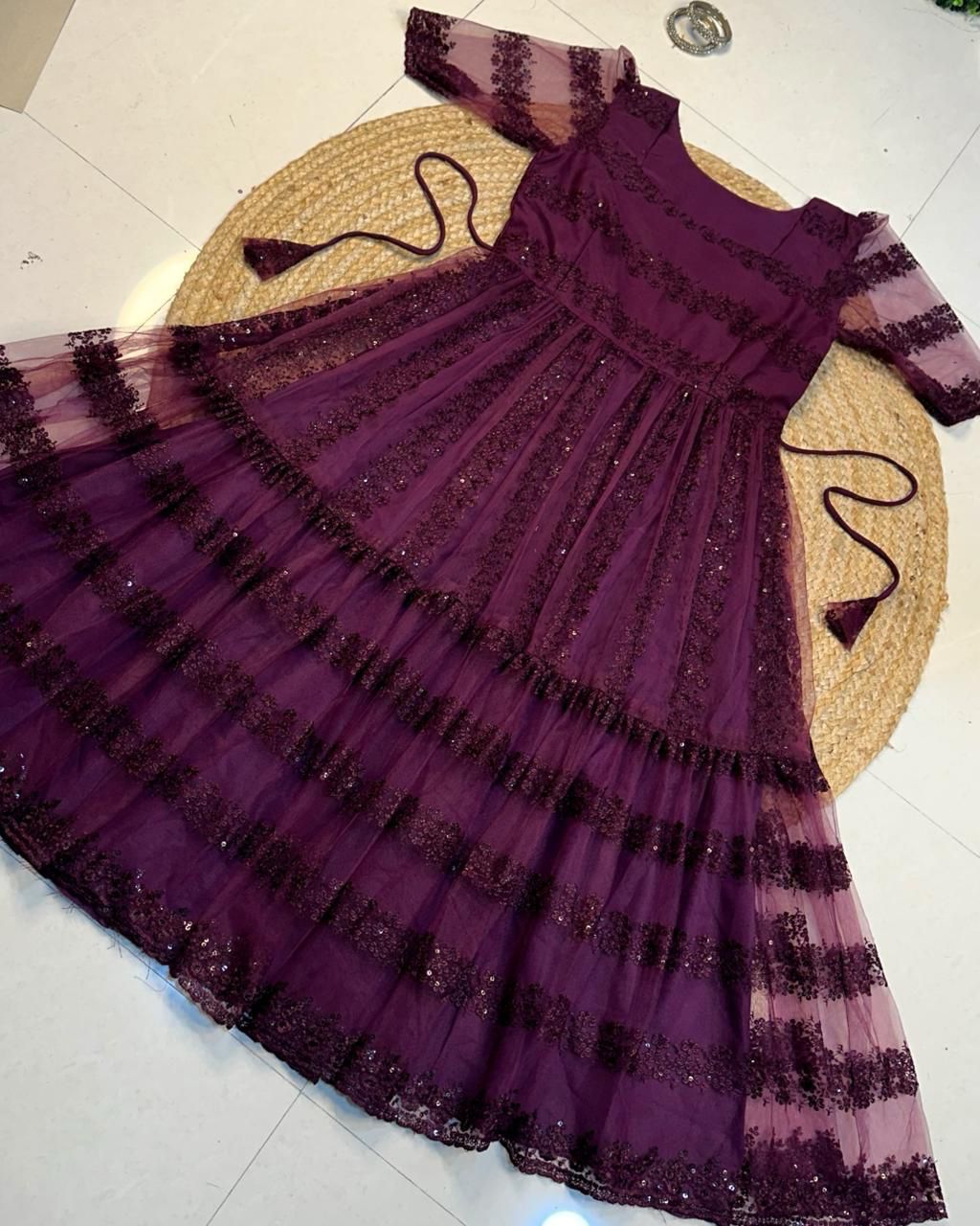 Premium Heavy Net Frock with Flower Embroidery & Sequence Work
