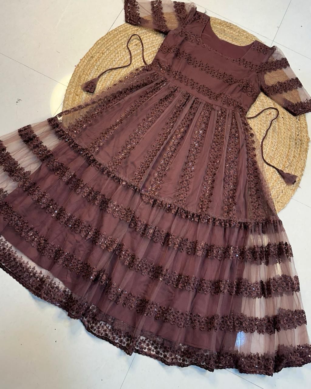 Premium Heavy Net Frock with Flower Embroidery & Sequence Work