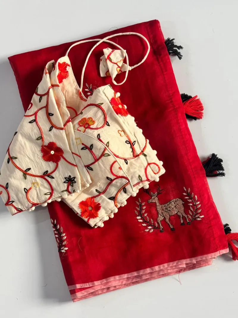 Premium Chanderi Saree with Deer Embroidery, Cotton Tassels & Khadi Blouse