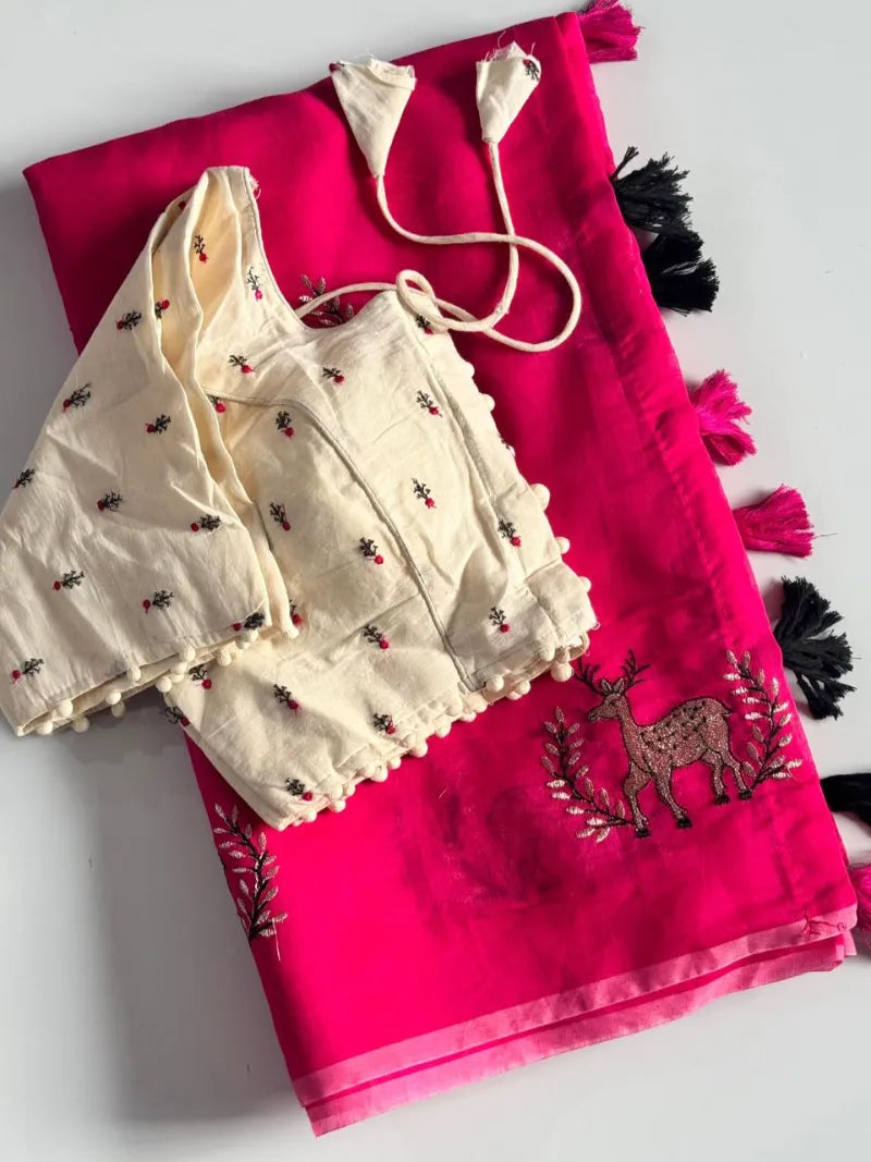 Premium Chanderi Saree with Deer Embroidery, Cotton Tassels & Khadi Blouse