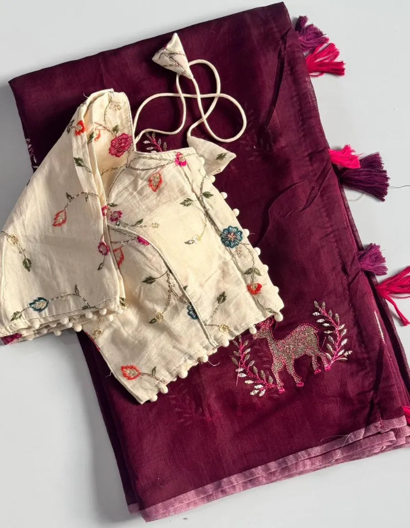 Premium Chanderi Saree with Deer Embroidery, Cotton Tassels & Khadi Blouse