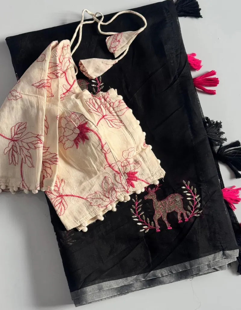 Premium Chanderi Saree with Deer Embroidery, Cotton Tassels & Khadi Blouse