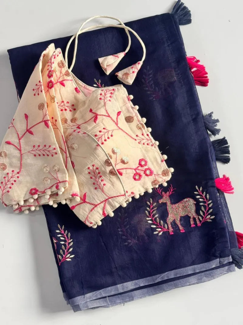 Premium Chanderi Saree with Deer Embroidery, Cotton Tassels & Khadi Blouse