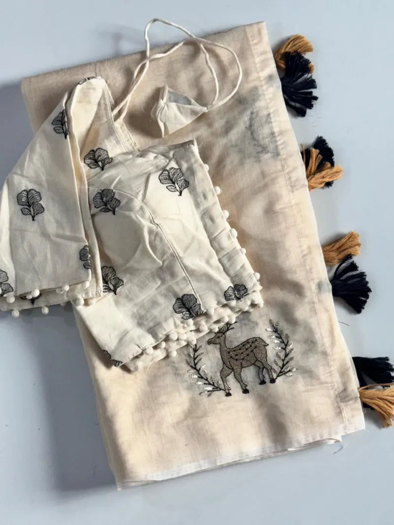 Premium Chanderi Saree with Deer Embroidery, Cotton Tassels & Khadi Blouse