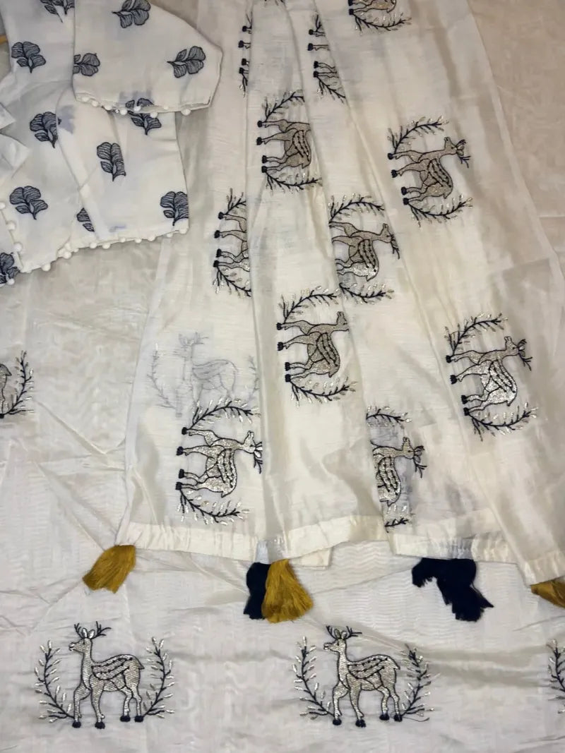 Premium Chanderi Saree with Deer Embroidery, Cotton Tassels & Khadi Blouse