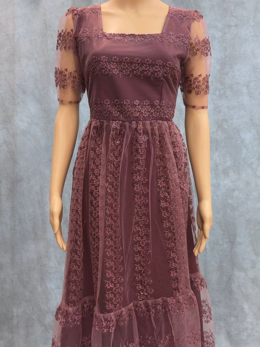 Premium Heavy Net Frock with Flower Embroidery & Sequence Work