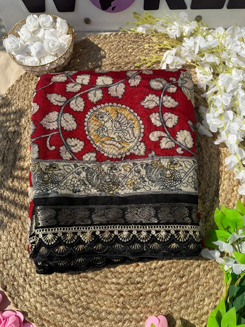 Premium Viscose Saree with Kalamkari Print, Weaving Border & Scalloped Lace