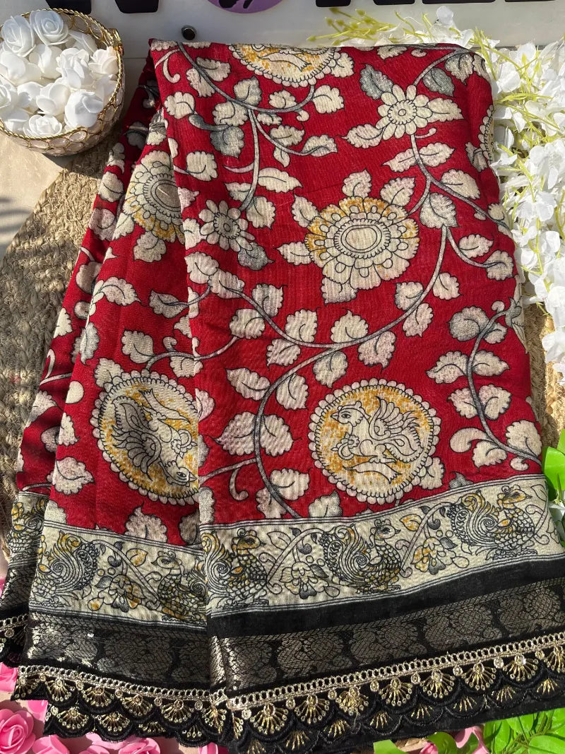 Premium Viscose Saree with Kalamkari Print, Weaving Border & Scalloped Lace