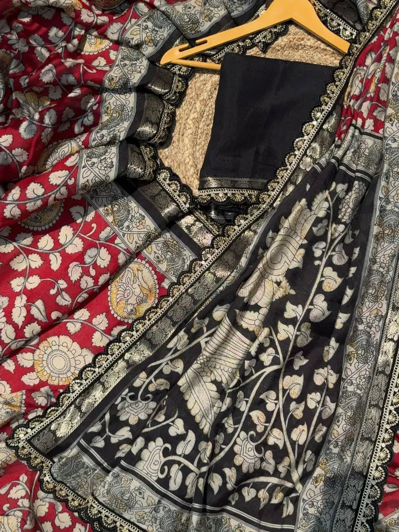 Premium Viscose Saree with Kalamkari Print, Weaving Border & Scalloped Lace