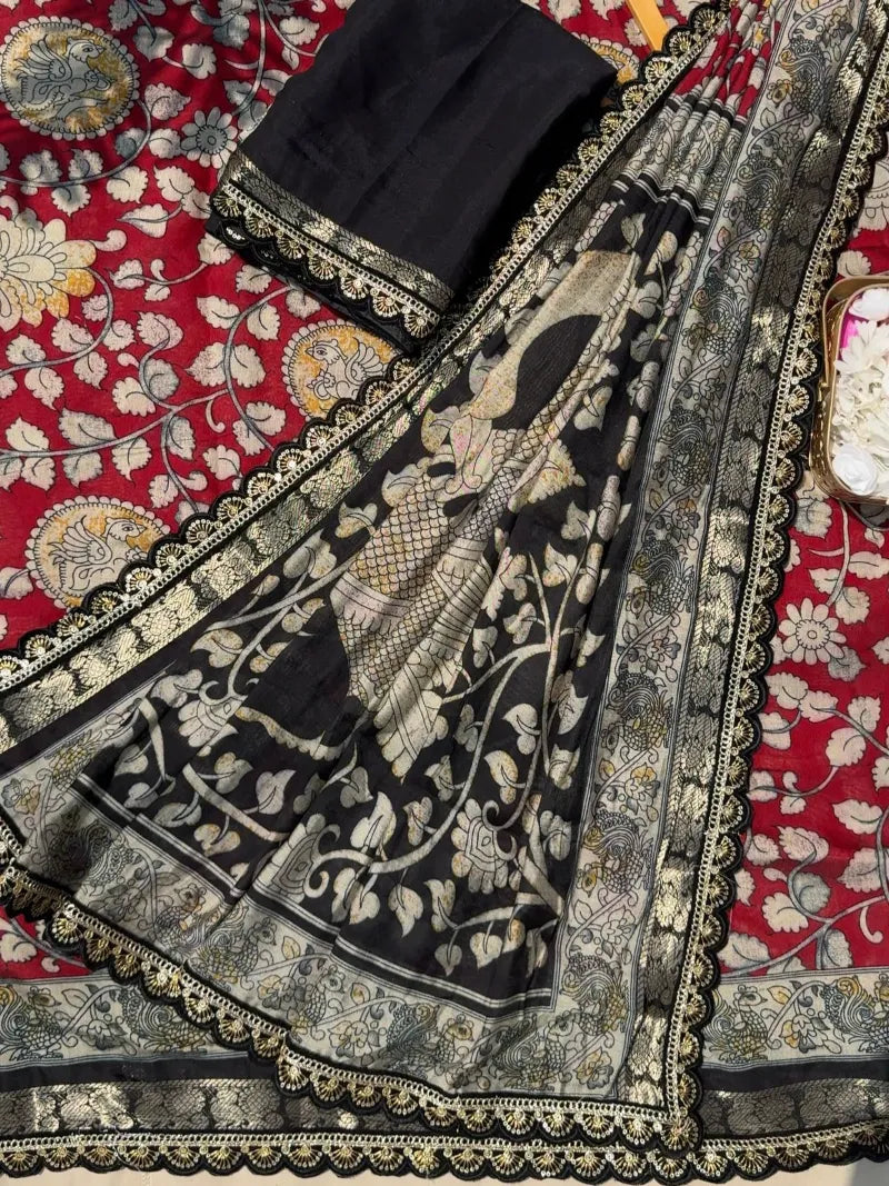 Premium Viscose Saree with Kalamkari Print, Weaving Border & Scalloped Lace