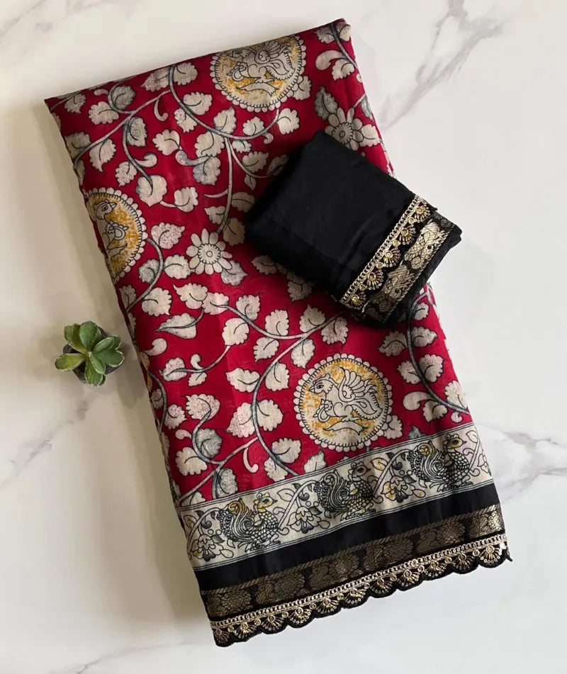 Premium Viscose Saree with Kalamkari Print, Weaving Border & Scalloped Lace