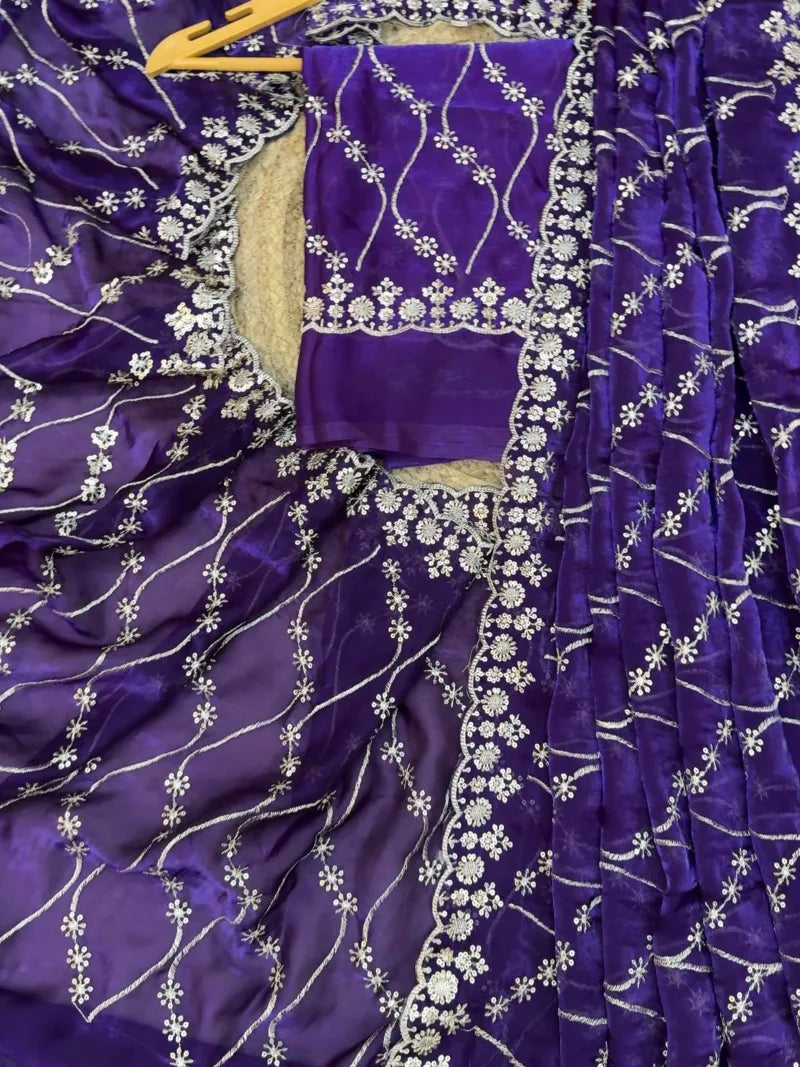 Premium Nc Moss Satin Dual Shade Saree with Multi‑Color Embroidery & Sequence Work