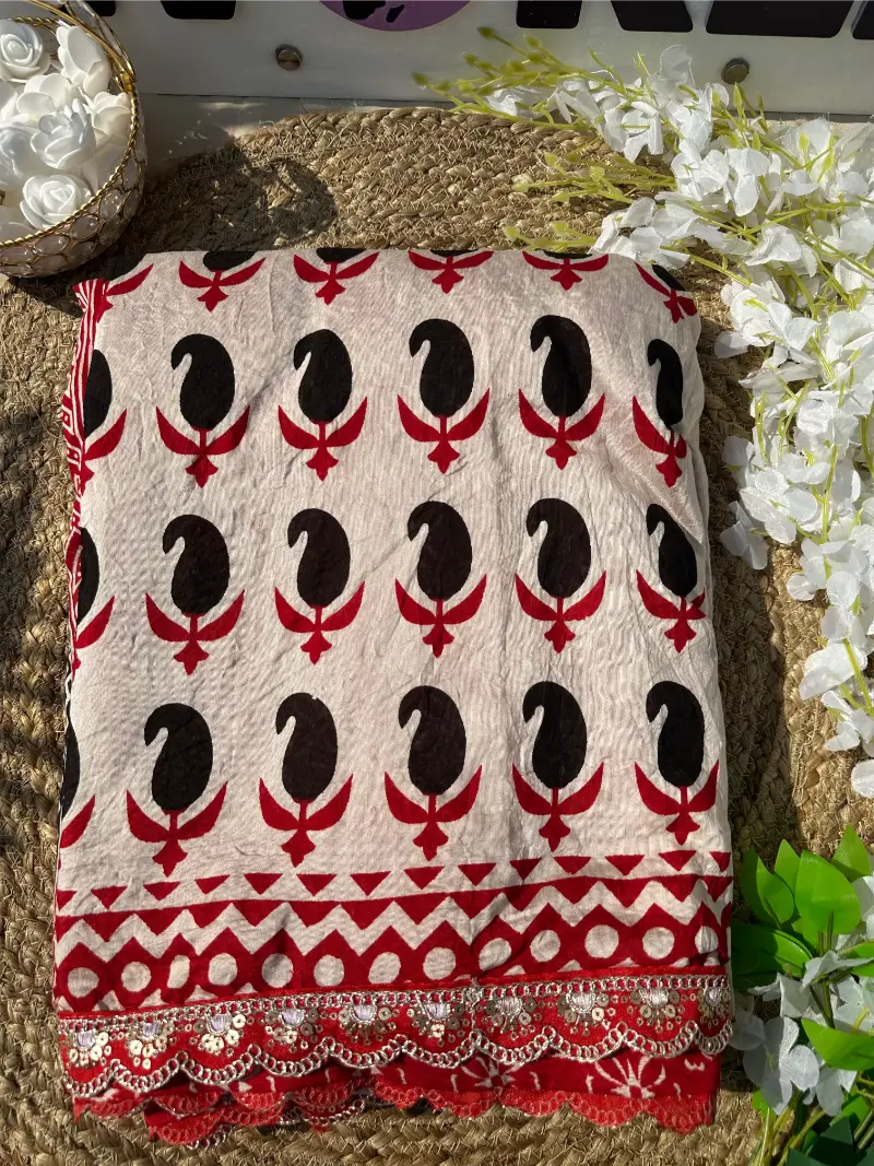 Premium Mul Mul Cotton Saree with Elegant Print, Rich Pallu & Scalloped Lace Border