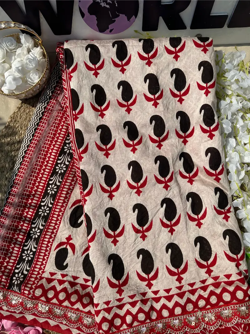 Premium Mul Mul Cotton Saree with Elegant Print, Rich Pallu & Scalloped Lace Border